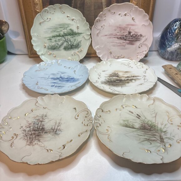 6 Hand Painted Plates Wetland Scenes Vtg J.P. Limoges France 6”W - Picture 1 of 16